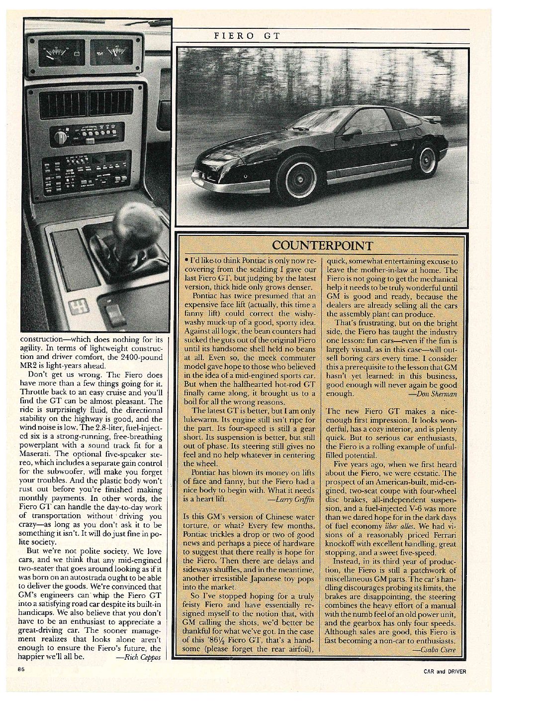 Pontiac Fiero GT review by Car and Driver magazine page 4